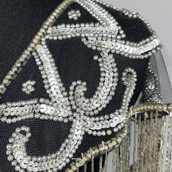 Vintage Silver Beaded Sequin Caplet Shawl Made in India Sparkle Evening … - Picture 3 of 10